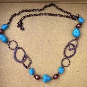 NECKLACE BRONZE AND TURQUOISE STONE ADJUSTABLE CLASP MAY BE WORN SHORT OR LONG